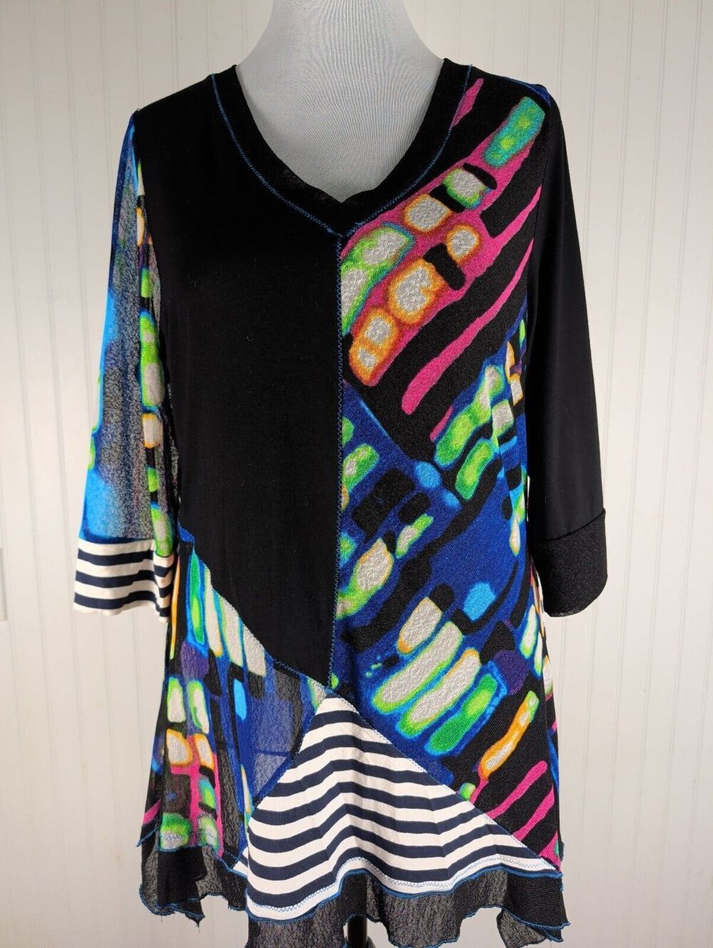 Lior Paris Mesh Asymmetrical Patchwork Art to Wear Tunic Top 3/4 Sleeves Large